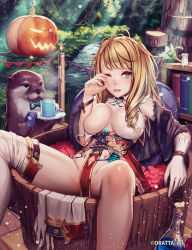 Rule 34 | 1girl, animal, animal on head, blonde hair, blue eyes, blush, bookshelf, bra, breast slip, breasts, bucket, candle, chloris garden, cup, drooling, female focus, flask, flower, frog, gloves, jack-o&#039;-lantern, large breasts, long hair, looking at viewer, mana (remana), mug, no panties, official art, on head, one breast out, one eye closed, open mouth, original, otter, oven mitts, partially visible vulva, pelvic curtain, revealing clothes, saliva, single glove, single thighhigh, solo, spread legs, thighhighs, tray, underwear, white bra, white gloves, white thighhighs