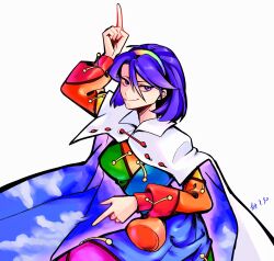 Rule 34 | 1girl, arm up, blue hair, breasts, cape, chinese commentary, closed mouth, commentary request, cowboy shot, dated, hair between eyes, hairband, heng (heng798616), highres, long sleeves, medium breasts, multicolored hairband, purple eyes, short hair, simple background, smile, solo, tenkyuu chimata, touhou, two-sided cape, two-sided fabric, white background, white cape