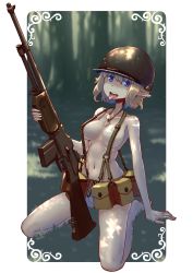Rule 34 | 1girl, :d, absurdres, areola slip, automatic rifle, bare shoulders, barefoot, blue eyes, blush, breasts, collarbone, convenient censoring, dog tags, elf, erica (naze1940), grass, groin, gun, helmet, highres, holding, holding gun, holding weapon, light machine gun, long hair, m1918 bar, m1 helmet, machine gun, military, combat helmet, open mouth, original, outdoors, pointy ears, pouch, short hair, sitting, smile, solo, squad automatic weapon, strap, teeth, thighhighs, tongue, tongue out, united states, wariza, weapon
