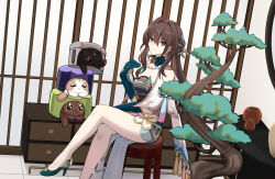 Rule 34 | 1girl, aqua dress, bare legs, bead necklace, beads, bonsai, brown hair, cat, commentary, dress, foot out of frame, hair intakes, high heels, honkai: star rail, honkai (series), indoors, jewelry, long hair, looking at viewer, necklace, ruan mei (honkai: star rail), sitting, smile, stool, supershrimpcakes, thighs