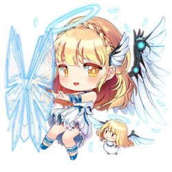 Rule 34 | 2girls, :d, arm ribbon, artist request, barrier fairy (girls&#039; frontline), blonde hair, blue choker, blue footwear, blue halo, blue ribbon, blush, blush stickers, braid, chibi, choker, closed mouth, crown braid, dress, energy barrier, energy shield, fairy (girls&#039; frontline), feathers, frilled dress, frilled ribbon, frills, full body, girls&#039; frontline, glowing feather, halo, head wings, long hair, looking at viewer, mechanical wings, multiple girls, official art, open mouth, ribbon, simple background, single head wing, sleeveless, sleeveless dress, smile, third-party source, transparent background, waist ribbon, white dress, white feathers, wings, yellow eyes, | |