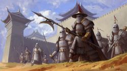 Rule 34 | 6+boys, absurdres, armor, blue sky, brown gloves, castle, chainmail, chinese armor, cloud, crenulations, dated, day, gloves, helmet, highres, holding, holding club, holding polearm, holding sword, holding weapon, mount &amp; blade, multiple boys, outdoors, polearm, sancliff, sky, spear, standing, sword, warrior, weapon