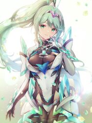Rule 34 | 1girl, breasts, green eyes, green hair, highres, large breasts, pneuma (xenoblade), ponytail, solo, ui frara, xenoblade chronicles (series), xenoblade chronicles 2