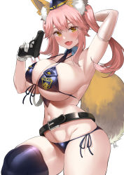 Rule 34 | 1girl, :d, animal ear fluff, animal ears, arm behind head, armpits, belt, between breasts, bikini, black belt, blue bikini, blue necktie, blush, breasts, cowboy shot, curvy, detached collar, elbow gloves, fang, fate/extra, fate/grand order, fate (series), fox ears, fox girl, fox tail, gloves, gun, hand up, handgun, hat, highres, holding, holding gun, holding weapon, knee up, large breasts, long hair, looking at viewer, necktie, necktie between breasts, open mouth, pink hair, pistol, police, police hat, side-tie bikini bottom, sidelocks, single elbow glove, single glove, skindentation, smile, solo, strap gap, swimsuit, tail, tamamo (fate), tamamo no mae (fate/extra), thighhighs, trigger discipline, twintails, uo denim, weapon, white gloves