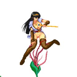 Rule 34 | 1girl, animated, animated gif, assisted exposure, black hair, boots, breasts, breasts out, breasts squeezed together, cum, cum in mouth, druaga no tou, functionally nude, ki (druaga), large breasts, leaf, long hair, lowres, m.u.g.e.n, monster, no bra, no panties, paizuri, pixel art, plant, rape, restrained, simple background, tentacles, thigh boots, thighhighs, tiara, white background