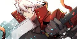 Rule 34 | 1boy, ahoge, black gloves, blazblue, empty eyes, gloves, green eyes, heterochromia, holding, holding sword, holding weapon, jacket, long hair, looking at viewer, male focus, ragna the bloodedge, red eyes, red jacket, roas01b, solo, sword, turtleneck, weapon, white background, white hair