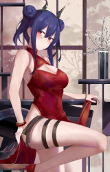 Rule 34 | 1girl, arknights, armpits, bare arms, bare legs, bare shoulders, bead bracelet, beads, black shorts, blue hair, bracelet, breasts, ch&#039;en (ageless afterglow) (arknights), ch&#039;en (arknights), china dress, chinese clothes, cleavage, cleavage cutout, closed mouth, clothes lift, clothes pull, clothing cutout, covered navel, cowboy shot, double bun, dragon horns, dragon tail, dress, dress lift, frown, gold trim, hair bun, high heels, highleg, highres, horns, jewelry, leg up, long hair, looking at viewer, medium breasts, micro shorts, no socks, official alternate costume, pelvic curtain, plant, potted plant, red dress, red eyes, red footwear, ru zhai, shorts, shorts pull, sidelocks, sleeveless, sleeveless dress, solo, tail, thigh strap, thighs