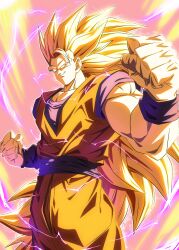 Rule 34 | 1boy, absurdres, aura, biceps, blonde hair, blue sash, blue shirt, blue wristband, clenched hands, commentary request, cowboy shot, dougi, dragon ball, dragonball z, electricity, energy, hands up, highres, long hair, looking at viewer, male focus, muscular, muscular male, no eyebrows, parted lips, pectorals, sash, sekitsuki hayato, shirt, smile, smirk, solo, son goku, spiked hair, standing, super saiyan, super saiyan 3, v-shaped eyebrows, very long hair, wristband, yellow eyes