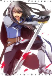 Rule 34 | 00s, 1boy, armor, bad id, bad pixiv id, black hair, boots, cape, greaves, highres, knee boots, long hair, male focus, official alternate costume, pauldrons, red eyes, shoulder armor, solo, sword, takamono, tales of (series), tales of vesperia, weapon, yuri lowell
