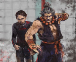 Rule 34 | 2boys, akuma (street fighter), beads, black pants, bright pupils, camera, closed mouth, cowboy shot, dougi, fighting stance, holding, karate gi, long sleeves, looking at viewer, mad catz, multiple boys, muscular, necyda, old, old man, pants, prayer beads, real life, red eyes, serious, sleeveless, standing, street fighter, street fighter iv (series), tokido (gamer)