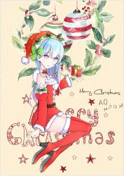 Rule 34 | 1girl, aiqing, blue eyes, blush, boots, bow, braid, breasts, christmas, closed mouth, dated, eyebrows, full body, gift, hair bow, hat, high heel boots, high heels, highres, holding, holding gift, long hair, looking at viewer, medium breasts, merry christmas, original, purple eyes, red footwear, red hat, santa costume, santa hat, signature, smile, solo, thigh boots, thighhighs, yellow bow