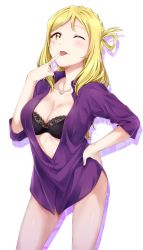 Rule 34 | 1girl, ;p, black bra, blonde hair, bra, braid, breasts, cleavage, crown braid, finger to mouth, hair rings, hand on own hip, highres, lace, lace-trimmed bra, lace trim, looking at viewer, love live!, love live! school idol festival, love live! sunshine!!, no pants, ohara mari, one eye closed, open clothes, open shirt, purple shirt, shirt, solo, surfing orange, tongue, tongue out, underwear, yellow eyes