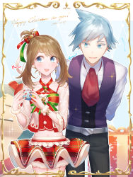 Rule 34 | 1boy, 1girl, alternate costume, arms behind back, ascot, bell, blue eyes, blue hair, blush, bow, brown hair, christmas, collarbone, creatures (company), dated, earrings, embarrassed, eyelashes, formal, fur trim, game freak, gift, hair bow, height difference, hetero, highres, holding, holding gift, jewelry, looking to the side, may (pokemon), midriff, mikko (mim mikko), nail polish, navel, nintendo, open mouth, pokemon, pokemon oras, pom pom (clothes), pom pom earrings, red nails, see-through, short hair, smile, steven stone, waistcoat