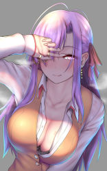 Rule 34 | 1girl, :q, antenna hair, arm up, black bra, blush, bra, bra peek, breasts, brown vest, chain, cleavage, closed mouth, collarbone, fate/grand order, fate (series), fingernails, gold chain, grey background, hair over one eye, hair ribbon, half-closed eye, jewelry, large breasts, long hair, long sleeves, looking at viewer, matou sakura, nikuku (kazedesune), open clothes, open shirt, parvati (fate), purple eyes, purple hair, red ribbon, ribbon, ring, school uniform, shirt, sidelocks, simple background, sleeves past wrists, smile, solo, star-shaped pupils, star (symbol), symbol-shaped pupils, tongue, tongue out, unbuttoned, unbuttoned shirt, underwear, uneven eyes, upper body, vest, white shirt