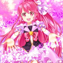 Rule 34 | 10s, 1girl, :d, aino megumi, bow, bowtie, brooch, buntan, cure lovely, frills, hair ornament, happinesscharge precure!, heart, heart brooch, heart hair ornament, jewelry, long hair, magical girl, open mouth, outstretched hand, pink background, pink bow, pink eyes, pink hair, pink skirt, pink theme, ponytail, precure, skirt, smile, solo, star (symbol), wide ponytail