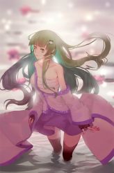 Rule 34 | 1girl, backlighting, bad id, bad pixiv id, black gloves, black thighhighs, blurry, fingerless gloves, frog hair ornament, gloves, gradient background, green hair, hair ornament, hair tubes, hoshimawa, japanese clothes, kochiya sanae, light, long hair, long sleeves, looking at viewer, miko, miniskirt, off shoulder, open mouth, partially submerged, sarashi, shirt, skirt, snake hair ornament, solo, thighhighs, touhou, wading, water, wide sleeves, yellow eyes, zettai ryouiki
