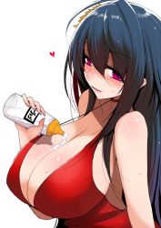 Rule 34 | 1girl, azur lane, baby bottle, bare shoulders, between breasts, black hair, bottle, breasts, collarbone, dress, hair between eyes, han (jackpot), heart, holding, huge breasts, long hair, looking at viewer, official alternate costume, parted lips, red dress, red eyes, simple background, smile, solo, suggestive fluid, sweat, taihou (azur lane), taihou (forbidden feast) (azur lane), upper body, white background