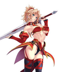 Rule 34 | 1girl, alternate breast size, bandeau, bare shoulders, black panties, black thighhighs, blonde hair, blue eyes, blush, braid, breasts, bridal gauntlets, carrying over shoulder, clarent (fate), collarbone, covered erect nipples, cowboy shot, detached sleeves, fate/apocrypha, fate (series), feet out of frame, french braid, grin, hair ornament, hair scrunchie, large breasts, long hair, looking at viewer, mordred (fate), mordred (fate/apocrypha), navel, nishieda, panties, parted bangs, pelvic curtain, photoshop (medium), ponytail, red scrunchie, scrunchie, sidelocks, simple background, smile, solo, standing, sword, thighhighs, thighs, underwear, v-shaped eyebrows, weapon, white background