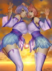 Rule 34 | 2girls, animal ears, ariverkao, bell, neck bell, breasts, cat ears, collar, dated, detached sleeves, holding hands, japanese clothes, large breasts, looking at viewer, multiple girls, obi, one eye closed, open mouth, original, outdoors, pig ears, pleated skirt, purple legwear, ribbon-trimmed legwear, ribbon-trimmed sleeves, ribbon trim, sash, signature, skirt, smile, standing, sunset, thighhighs, v, wide sleeves