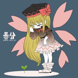 Rule 34 | 1girl, blonde hair, boots, bow, bowtie, dress, fusion, gradient dress, hat, hat ribbon, lily black, lily white, long hair, petals, red ribbon, ribbon, solo, sprout, touhou, white footwear, wide sleeves, yellow eyes, yt (wai-tei)