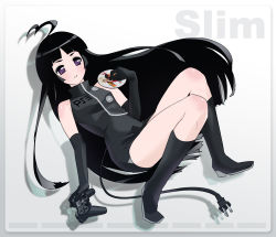 Rule 34 | 1girl, black hair, boots, capcom, elbow gloves, game console, gloves, lying, personification, playstation 3, solo, street fighter, street fighter iv (series), usatarou