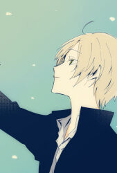 Rule 34 | 1boy, blonde hair, closed mouth, commentary request, from side, highres, kidwaaku72, looking afar, male focus, natsume takashi, natsume yuujinchou, school uniform, short hair, solo, upper body