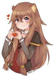 Rule 34 | 1girl, animal ears, blush, closed mouth, collar, dated, hands up, heart, heart hands, long hair, long sleeves, looking at viewer, purple eyes, raccoon ears, raccoon girl, raphtalia, sidelocks, signature, simple background, smile, solo, tate no yuusha no nariagari, temachii, white background