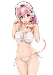 Rule 34 | 1girl, animal ear legwear, animal ears, bare shoulders, bell, black panties, blush, bra, breasts, cameltoe, cat cutout, cat ear legwear, cat ear panties, cat ears, cat lingerie, cat tail, choker, cleavage, cleavage cutout, clothing cutout, ganari ryuu, green eyes, headphones, headset, jingle bell, large breasts, long hair, looking at viewer, meme attire, navel, neck bell, open mouth, original, panties, paw pose, pink hair, see-through, shiny skin, side-tie panties, simple background, smile, solo, super tama musume, tail, tamatoys, taut clothes, thighhighs, underwear, underwear only
