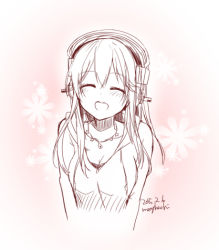 Rule 34 | 1girl, blush, breasts, cleavage, closed eyes, female focus, gradient background, headphones, large breasts, lineart, long hair, merryhachi, monochrome, nitroplus, open mouth, smile, solo, super sonico