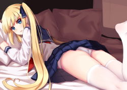 Rule 34 | 1girl, absurdres, allenes, ass, bed, bed sheet, blonde hair, blue eyes, blue ribbon, blush, day, from behind, hair ribbon, highres, legs together, legs up, long hair, long sleeves, looking back, lying, neckerchief, on bed, open mouth, original, panties, pantyshot, pillow, pleated skirt, ribbon, school uniform, serafuku, shirt, skirt, solo, sunlight, surprised, thighs, twintails, underwear, upskirt, very long hair, white legwear, white panties, white shirt