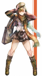 Rule 34 | 1girl, bag, braid, braided ponytail, brown footwear, brown hat, brown scarf, closed mouth, dress shirt, floating hair, full body, green hair, grey skirt, grey socks, hat, highres, jacket, kneehighs, long hair, long sleeves, looking at viewer, midriff, miniskirt, navel, open clothes, open jacket, original, pleated skirt, purple jacket, scarf, shirt, skirt, socks, solo, standing, stomach, sushi (sashimise), very long hair, white background, white shirt, yellow eyes
