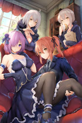 Rule 34 | 4girls, absurdres, ahoge, ankle strap, artoria pendragon (all), artoria pendragon (fate), black legwear, blonde hair, breasts, burger, choker, cleavage, eating, fate/grand order, fate (series), food, formal, fujimaru ritsuka (female), fujimaru ritsuka (female) (royal brand), gloves, hair over one eye, high heels, highres, indoors, jeanne d&#039;arc (fate), jeanne d&#039;arc (ruler) (fate), jeanne d&#039;arc alter (fate), jeanne d&#039;arc alter (ver. shinjuku 1999) (fate), jewelry, long hair, mash kyrielight, multiple girls, necklace, official alternate costume, pantyhose, purple eyes, purple hair, saber alter, saber alter (ver. shinjuku 1999) (fate), sayika, shoes, short hair, strappy heels, suit, yellow eyes