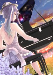 Rule 34 | 1girl, alternate hair color, alternate hairstyle, back, bad id, bad pixiv id, bare shoulders, bow, flower, food, fruit, galaxy, grass, hat, hat ribbon, highres, hinanawi tenshi, instrument, long hair, looking at viewer, looking back, music, peach, petals, piano, playing instrument, playing piano, purple hair, red eyes, ribbon, saraki, side ponytail, sitting, sleeveless, smile, solo, touhou