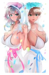 Rule 34 | 2girls, back-to-back, blue eyes, blush, breasts, bridal veil, bride, brown hair, closed mouth, dress, female focus, green eyes, highres, holding hands, jewelry, kyougi sharyou, large breasts, looking at viewer, multiple girls, open mouth, original, petals, ring, sideboob, sketch, smile, star-shaped pupils, star (symbol), symbol-shaped pupils, veil, wedding, wedding dress, wedding ring, wife and wife, yuri