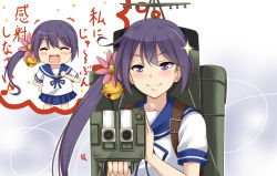 Rule 34 | 10s, 1girl, :d, akebono (kancolle), bell, blush, cannon, chibi, commentary request, flower, gradient background, hair bell, hair flower, hair ornament, jingle bell, kantai collection, long hair, looking at viewer, machinery, open mouth, purple eyes, purple hair, sazaki hiyoru, school uniform, serafuku, side ponytail, smile, solo, sparkle, translation request, turret, very long hair
