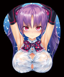 Rule 34 | akuno mika, blush, breasts, bursting breasts, cleavage, hisasi, huge breasts, mousepad, mousepad (object), original, purple hair, red eyes, shirt, twintails, wet, wet clothes, wet shirt