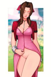 Rule 34 | 1girl, aerith gainsborough, arm at side, blurry, blurry background, border, bracelet, breasts, brown hair, cleavage, cleft of venus, closed eyes, cropped jacket, dress, final fantasy, final fantasy vii, highres, jacket, jewelry, legs together, light blush, loodncrood, no panties, outside border, pink dress, pussy, red jacket, smile, solo, square enix, thighs, unbuttoned, undressing, white border