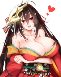 Rule 34 | 1girl, azur lane, bare shoulders, black hair, blush, breasts, cleavage, graphite (medium), hair between eyes, hair ornament, heart, huge breasts, japanese clothes, kimono, kuzya, long hair, long sleeves, looking at viewer, mask, mask on head, mechanical pencil, off shoulder, open mouth, pencil, red eyes, red kimono, smile, solo, taihou (azur lane), tongue, traditional media, very long hair, white background, wide sleeves