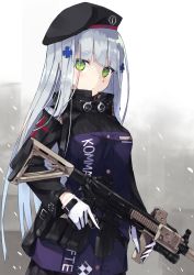 Rule 34 | 1girl, assault rifle, beret, blunt bangs, blush, breasts, clothes writing, commentary request, cross, facial mark, girls&#039; frontline, gloves, green eyes, gun, h&amp;k hk416, hair ornament, hat, heckler &amp; koch, highres, hk416 (girls&#039; frontline), holding, holding gun, holding weapon, iron cross, long hair, looking at viewer, medium breasts, military, military uniform, nagishiro mito, open mouth, parted lips, revision, rifle, sidelocks, silver hair, skirt, snow, snowing, solo, standing, teardrop, trigger discipline, uniform, weapon, white gloves, wind