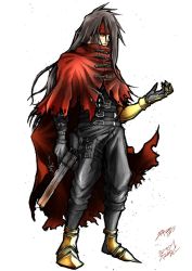 Rule 34 | 1boy, black hair, cloak, final fantasy, final fantasy vii, gauntlets, gloves, gun, headband, highres, long hair, messy hair, mhfcolor, pale skin, pointed footwear, red eyes, square enix, torn clothes, vincent valentine, weapon