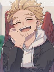 Rule 34 | 1boy, arm rest, black jacket, blonde hair, blurry, blurry background, body markings, boku no hero academia, casual, close-up, earrings, elbow rest, closed eyes, facial hair, feathered wings, feathers, goatee, grin, hand on own face, hawks (boku no hero academia), head on hand, hood, hoodie, jacket, jewelry, light blush, male focus, miso (mimimiso), open mouth, red feathers, short hair, smile, solo, straight-on, stud earrings, teeth, tongue, upper teeth only, white hoodie, wings, yellow eyes