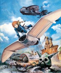 Rule 34 | 1980s (style), 1girl, :d, aircraft, airplane, androgynous, blue gloves, blue sky, boots, brown eyes, brown footwear, brown hair, building, cloud, creature, creature on shoulder, day, epic, fantasy, flying, gloves, head, kaze no tani no nausicaa, looking at viewer, machinery, monster, nausicaa, official art, oldschool, on shoulder, open mouth, pet, promotional art, realistic, retro artstyle, scan, science fiction, shoes, short hair, skull, sky, smile, studio ghibli, takani yoshiyuki, teto (nausicaa), traditional media, windmill