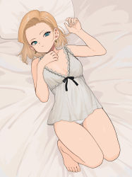 Rule 34 | 1girl, absurdres, alternate costume, android 18, barefoot, blonde hair, blue eyes, breasts, commentary, dragon ball, earrings, feet, female focus, full body, hand on own chest, highres, jewelry, lingerie, looking at viewer, lying, medium breasts, on back, rokoido12, short hair, solo, toes, underwear