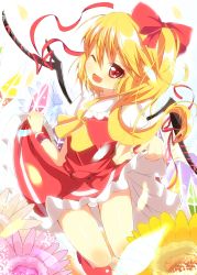 Rule 34 | 1girl, ascot, blonde hair, blush, bow, clothes lift, dress, dress lift, fang, female focus, flandre scarlet, flower, hair bow, highres, long hair, no headwear, no headwear, one eye closed, open mouth, panties, pantyshot, petals, red eyes, red skirt, ribbon, side ponytail, skirt, solo, touhou, underwear, upskirt, wings, yuimari