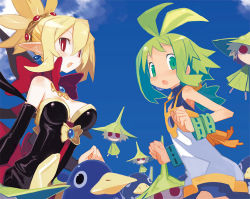 Rule 34 | 2girls, bare shoulders, blonde hair, bow, breasts, bright pupils, clenched hands, crossover, day, disgaea, dress, green eyes, harada takehito, jewelry, makai senki disgaea 2, marona (phantom brave), medium breasts, multiple girls, necklace, nippon ichi, official art, phantom brave, pointy ears, prinny, putty, putty (phantom brave), red eyes, rozalin, sky, sleeveless, slit pupils, strapless, strapless dress, yellow bow