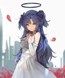 Rule 34 | 1girl, absurdres, alternate costume, alternate eye color, bare shoulders, blue archive, blue eyes, bride, dress, halo, highres, long hair, looking at viewer, mechanical halo, purple hair, sakanafish, smile, solo, twintails, wedding dress, white dress, yuuka (blue archive)