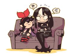 Rule 34 | 2girls, :3, absurdres, bags under eyes, black dress, black hair, black sleeves, bow, controller, couch, detached sleeves, dress, english text, fingerless gloves, game controller, gloves, hair bow, highres, holding, holding controller, holding game controller, long dress, long hair, multicolored hair, multiple girls, noss (rariatto), original, pointy ears, rariatto (ganguri), red thighhighs, ribbed dress, simple background, smile, streaked hair, sweat, sweatdrop, thighhighs, vampire, wavy mouth, white background, zakuro (rariatto)