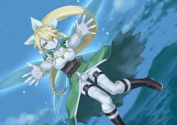 Rule 34 | 10s, 1girl, bad id, bad pixiv id, blonde hair, blush, boots, braid, breasts, cleavage, elf, fairy wings, green eyes, large breasts, leafa, long hair, outstretched arms, pointy ears, ponytail, rin2008, side braid, sky, smile, solo, star (sky), starry sky, sword art online, tears, thighhighs, twin braids, wings