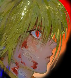 Rule 34 | 1boy, angry, aura, black background, blonde hair, blood, blood on face, close-up, eye focus, eyelashes, highres, hunter x hunter, korean commentary, kurapika, lips, looking away, male focus, nonjo jaz, profile, red eyes, short hair, solo