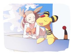 Rule 34 | 1girl, :d, ampharos, bow, brown hair, closed eyes, cloud, commentary request, creatures (company), crossed arms, day, dress, eyelashes, floating hair, game freak, gen 2 pokemon, green dress, gym leader, hair bobbles, hair ornament, jasmine (pokemon), leaning forward, light blush, long hair, morio (poke orio), nintendo, open mouth, orange bow, outdoors, pokemon, pokemon (creature), pokemon hgss, sky, smile, tongue, two side up, |d